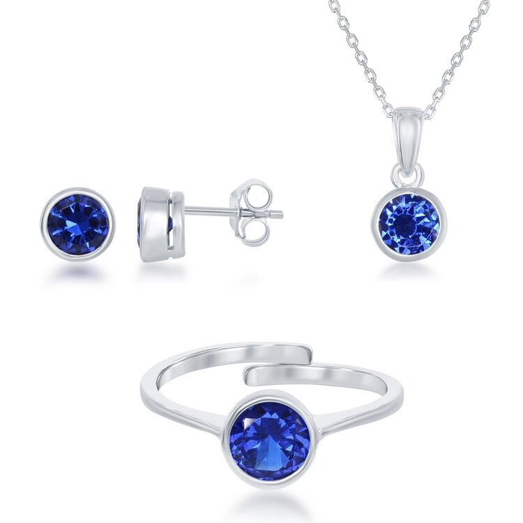 80275 STERLING SILVER SYNTHETIC SAPPHIRE BEZEL SET NECKLACE / EARRINGS / RING