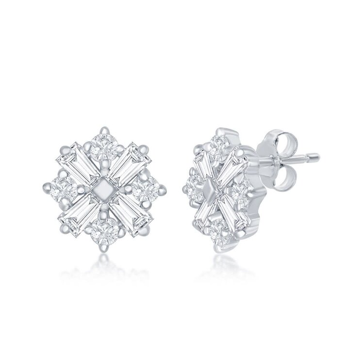 80281 STERLING SILVER BAGUETTE AND ROUND CUBIC ZIRCONIA SNOWFLAKE STUDS EARRINGS