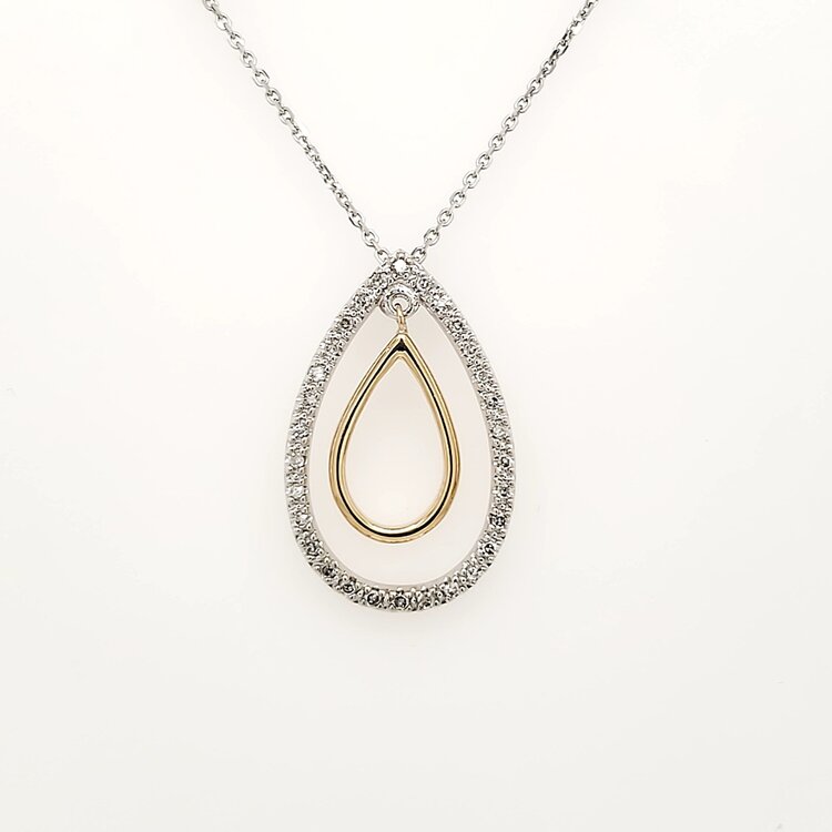 70570 14K TWO TONE .25CTW DIAMOND DOUBLE CUT OUT PEAR SHAPE PENDANT NECKLACE