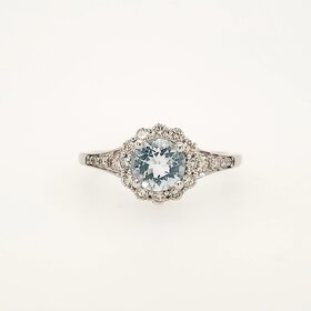 40305 10K WHITE GOLD .38CTW DIAMOND FLOWER HALO ROUND AQUAMARINE RING