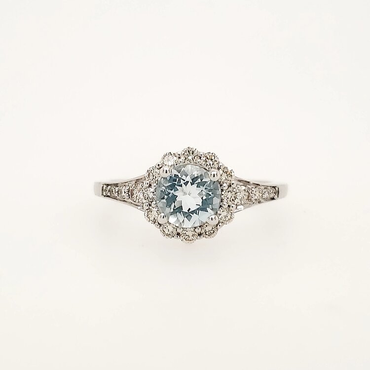 40305 10K WHITE GOLD .38CTW DIAMOND FLOWER HALO ROUND AQUAMARINE RING