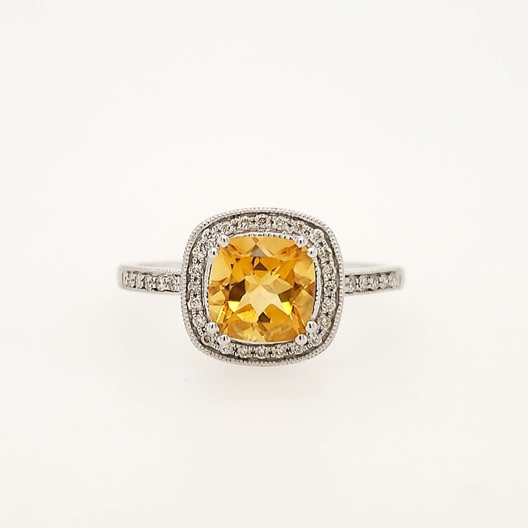 40306 10K WHITE GOLD .12TCW DIAMOND HALO CITRINE RING