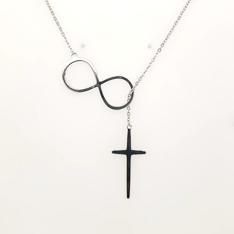 80290 STERLING SILVER HIGH POLISH INFINITY AND CROSS DROP NECKLACE