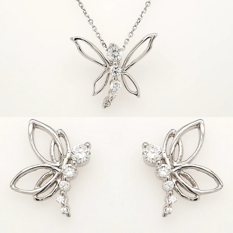80303 STERLING SILVER CUBIC ZIRCONIA DRAGONFLY  PENDANT AND EARRINGS SET
