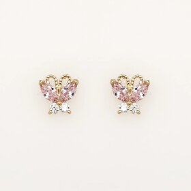 31116 14K YELLOW GOLD HALF PINK CUBIC ZIRCONIA BUTTERFLY SCREWBACKS BABY  EARRINGS