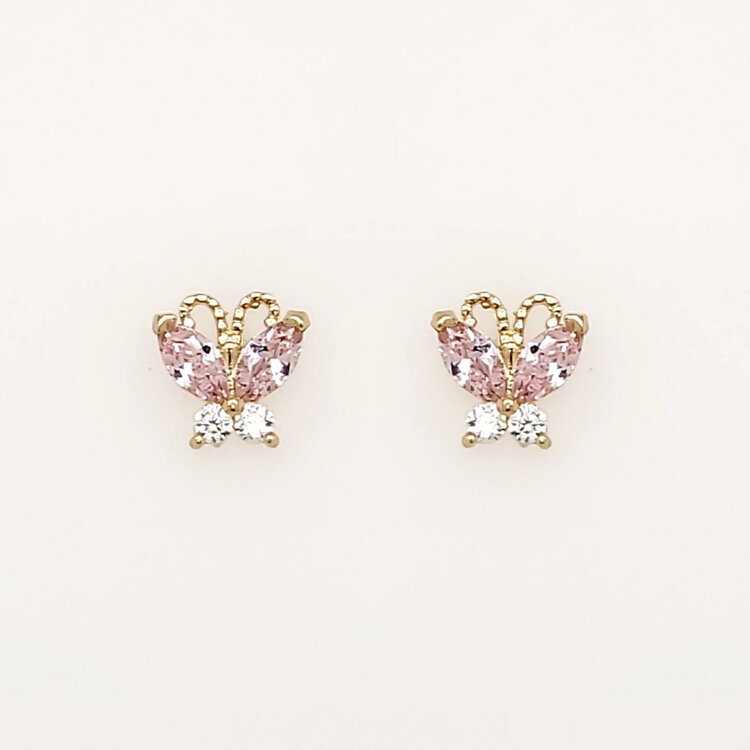 31116 14K YELLOW GOLD HALF PINK CUBIC ZIRCONIA BUTTERFLY SCREWBACKS BABY  EARRINGS