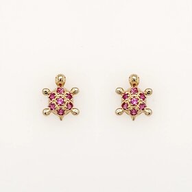 31117 14K YELLOW GOLD FUCSIA CUBIC ZIRCONIA SMALL TURTLE SCREWBACKS BABY EARRINGS