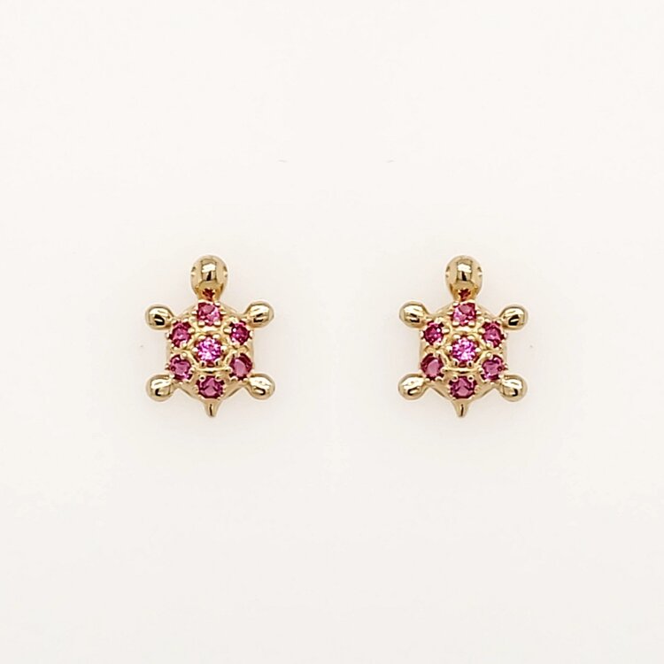 31117 14K YELLOW GOLD FUCSIA CUBIC ZIRCONIA SMALL TURTLE SCREWBACKS BABY EARRINGS