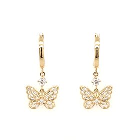 31109 14K YELLOW GOLD CUBIC ZIRCONIA BAGUETTE MILIGRAIN DESIGN BUTTEFLY HANGING HUGGIE EARRINGS