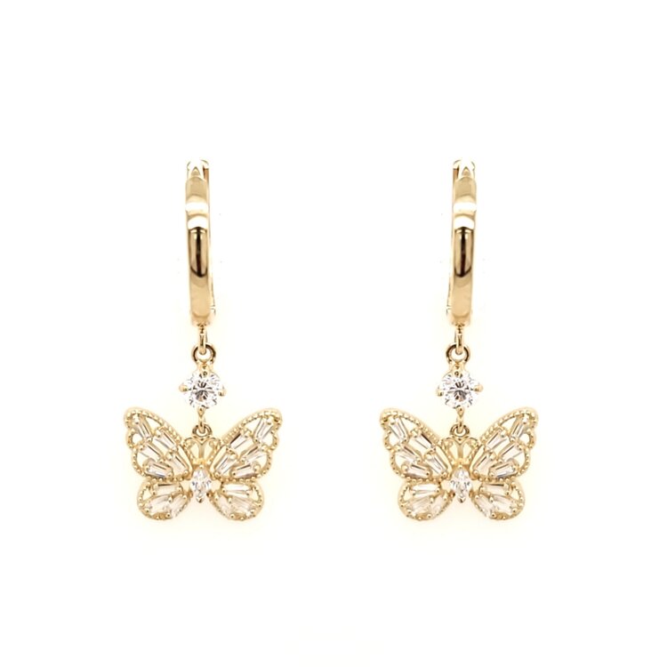 31109 14K YELLOW GOLD CUBIC ZIRCONIA BAGUETTE MILIGRAIN DESIGN BUTTEFLY HANGING HUGGIE EARRINGS