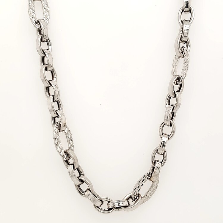 60123 14K WHITE GOLD 17" 7.50MM DIAMOND CUT OVAL LINKS FANCY NECKPIECE