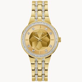 042429597488 BULOVA PHANTOM GOLD TONE STAINLESS STEEL  CHAMPAGNE  MINERAL GLASS DIAL 3D LOOK  CRYSTAL LADIES WATCH
