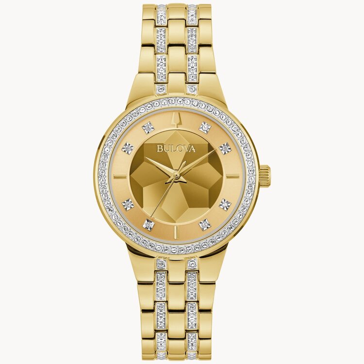 042429597488 BULOVA PHANTOM GOLD TONE STAINLESS STEEL  CHAMPAGNE  MINERAL GLASS DIAL 3D LOOK  CRYSTAL LADIES WATCH