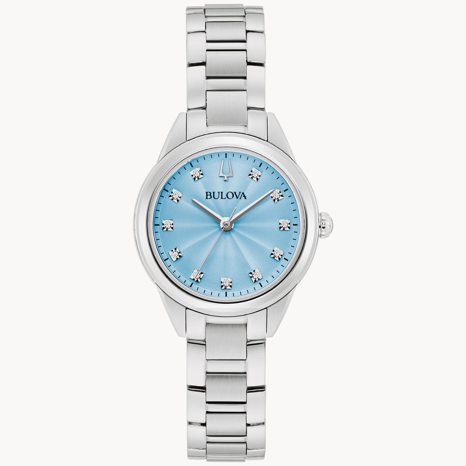 042429597471 BULOVA STAINLESS TSEEL PASTEL BLUE SUNRAY DIAL SAPPHIRE  CRYSTAL SUTTON COLLECTION LADIES WATCH