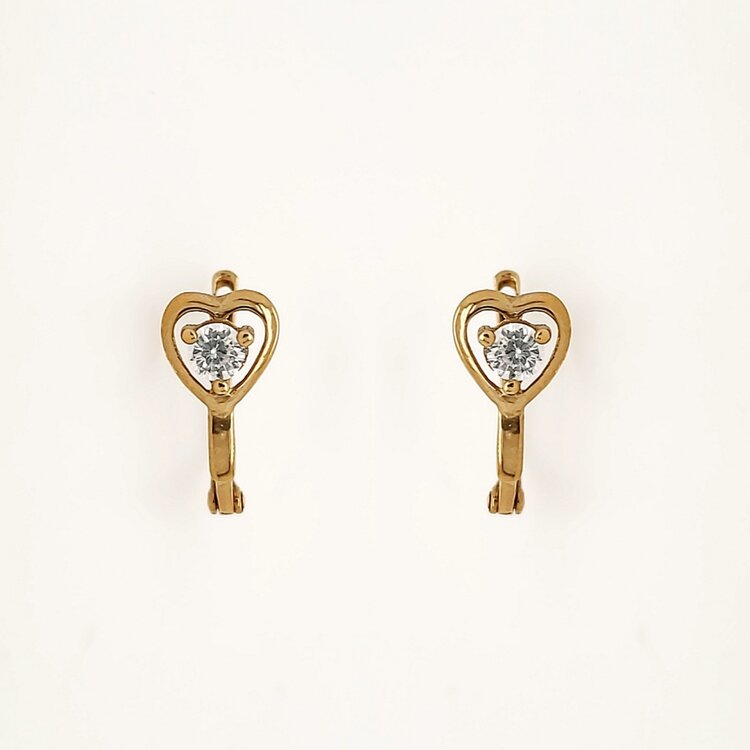 30345 14K YELLOW GOLD BLUE CUBIC ZIRCONIA HEART EAUROPEAN LOCK  EARRINGS