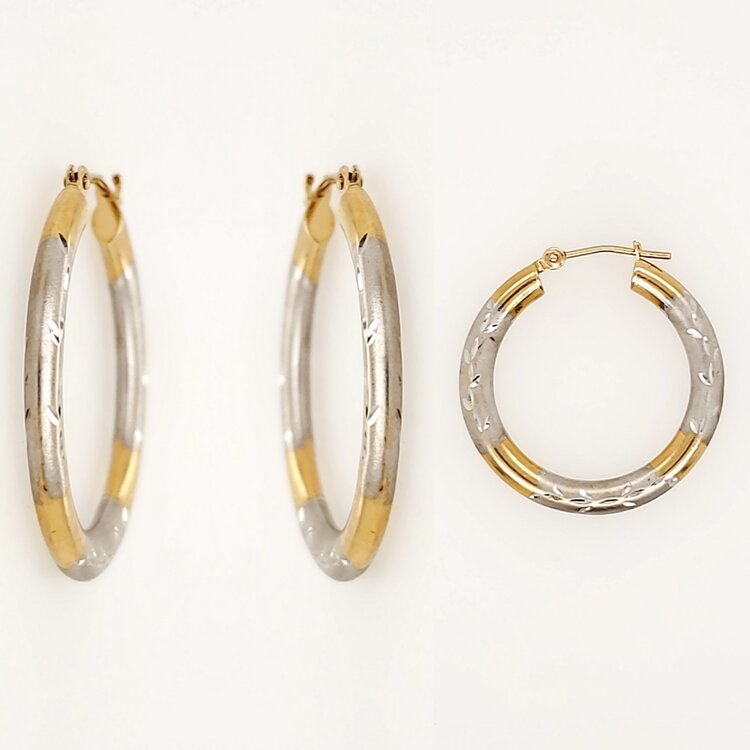 30529 14K 2 TONE DIAMOND CUT SATIN FINISH  HOOPS