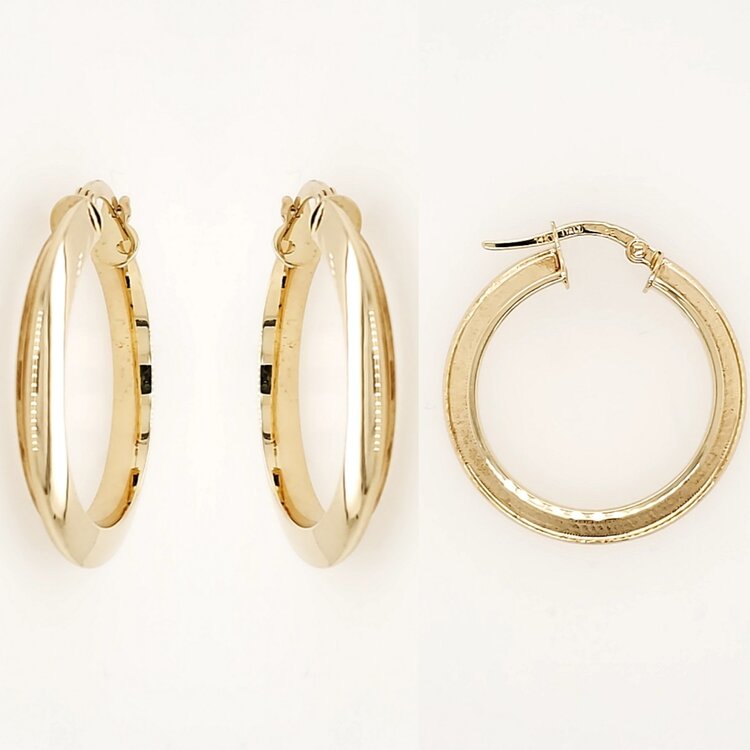 30079 14K YELLOW GOLD 1" HIGH POLISH SIDE AND REVERSE SATIN FINISH SIDE HOOPS