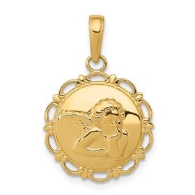 77278 14K YELLOW GOLD HIGH POLISH ANGEL ON ROUND SCALLOP FRAME CHARM PENDANT