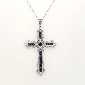 70085 14K WHITE GOLD DIAMOND AND PRINCESS CUT CENTERLINE SAPPHIRE FANCY CROSS PENDANT