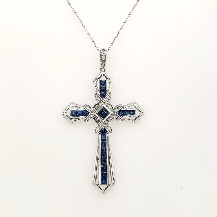 70085 14K WHITE GOLD DIAMOND AND PRINCESS CUT CENTERLINE SAPPHIRE FANCY CROSS PENDANT