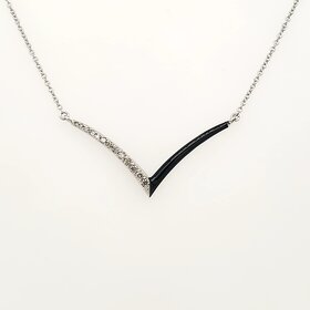 70599 10K WHITE GOLD .17CTW DIAMOND V SHAPE HALF BLACK ENAMEL NECKLACE