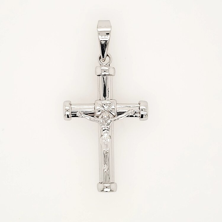 77281 14K WHITE GOLD 1.85" HIGH POLISH TUBE CAPPED ENDS CRUCIFIX