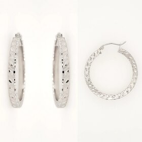 31165 14K WHITE GOLD 1.25" 3MM DIAMOND CUT LEAVES DESIGN HINGED HOOPS