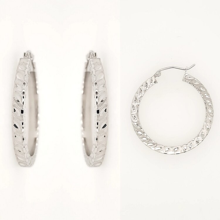 31165 14K WHITE GOLD 1.25" 3MM DIAMOND CUT LEAVES DESIGN HINGED HOOPS