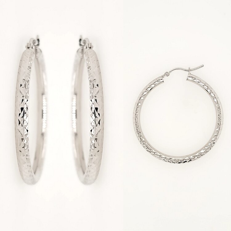 31171 14K WHITE GOLD 1.25" 3MM DIAMOND CUT HOOPS