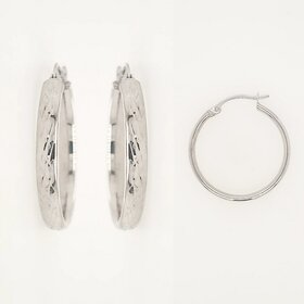 31166 14K WHITE GOLD 1" 3MM DIAMOND CUT X LINES HOOPS