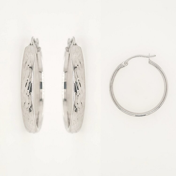 31166 14K WHITE GOLD 1" 3MM DIAMOND CUT X LINES HOOPS