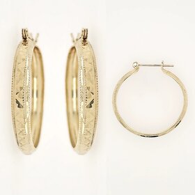 31180 14K YELLOW GOLD 1.25" 4.30MM DIAMOND CUT TEXTURED HOOPS