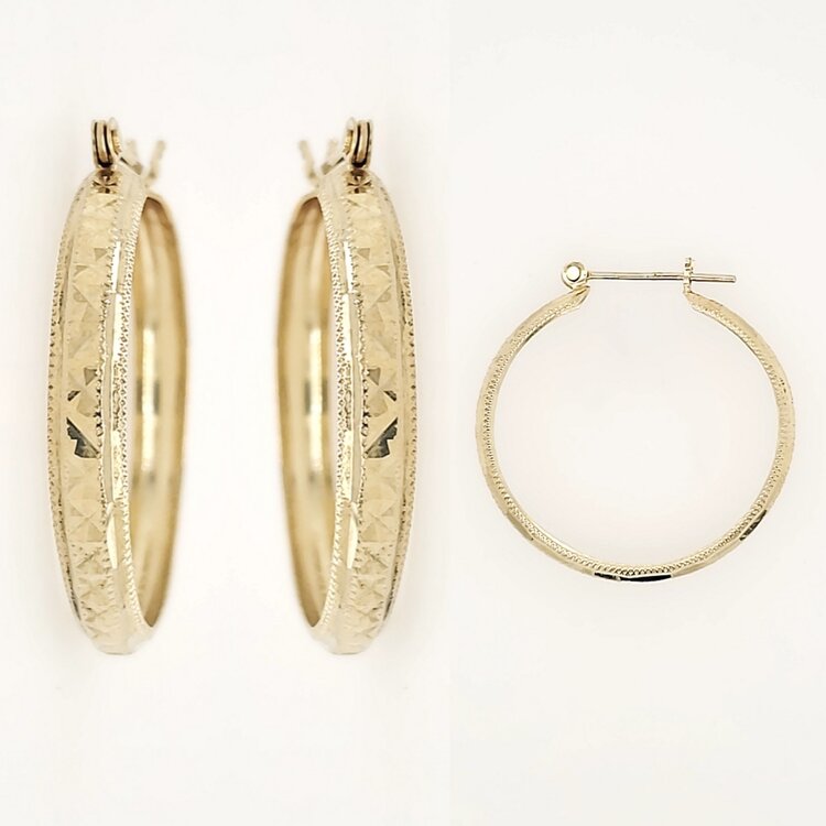 31180 14K YELLOW GOLD 1.25" 4.30MM DIAMOND CUT TEXTURED HOOPS