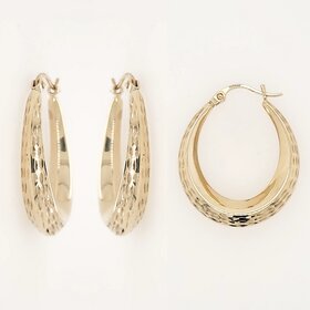 31179  14K YELLOW GOLD 1.15" OVAL DIAMOND CUT HOOPS
