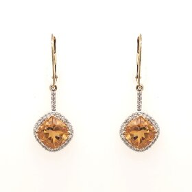 31186 14K YELLOW GOLD .35CTW DIAMOND RHOMBUS SHAPE HALO CITRINE  HANGING EARRINGS