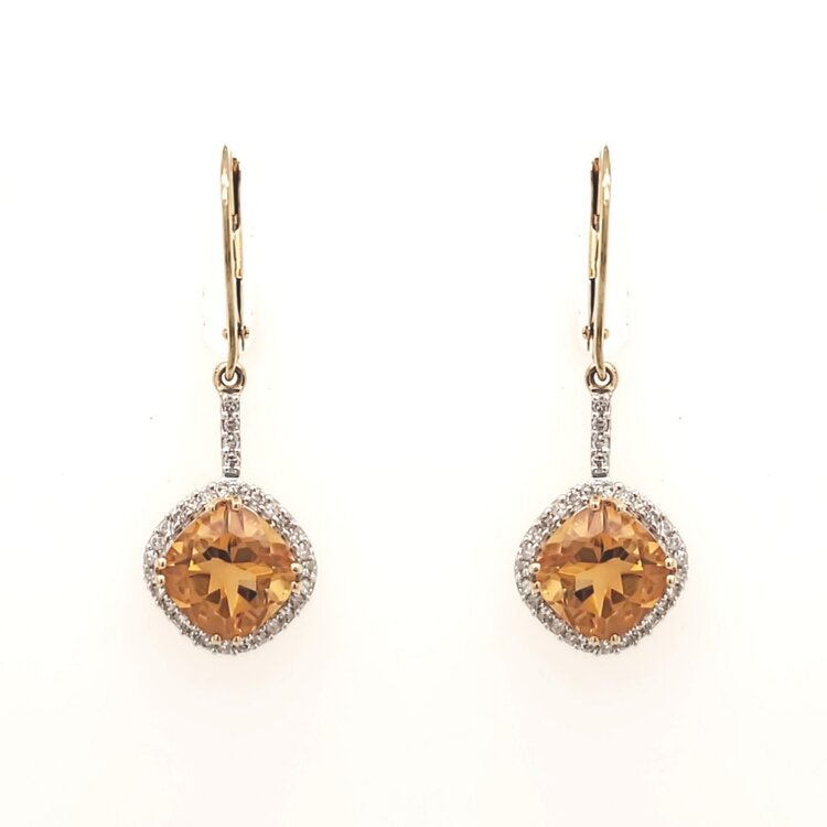 31186 14K YELLOW GOLD .35CTW DIAMOND RHOMBUS SHAPE HALO CITRINE  HANGING EARRINGS
