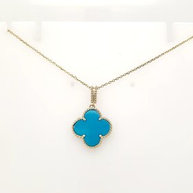 70618 14K YELLOW GOLD 16MM TURQUOISE CLOVER PENDANT NECKLACE