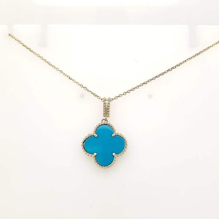 70618 14K YELLOW GOLD 16MM TURQUOISE CLOVER PENDANT NECKLACE