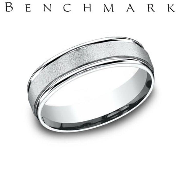 475216 14K WHITE GOLD BENCHMARK 6MM HIGH POLISH EDGES / BRUSHED FINISH CENTER BAND  (SIZE 10)