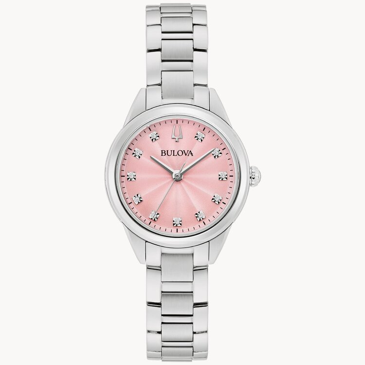 bulova 042429597464  BULOVA STAINLESS STEEL SUTTON COLLECTION PINK DIAL SAPPHIRE CRYSTAL DIAMOND LADIES WATCH