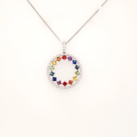 70623 18K WHITE GOLD .27CTW DIAMOND CIRCLE PRINCESS CUT MULTIGEMSTONEWITH 14K WHITE GOLD CHAIN PENDANT NECKLACE
