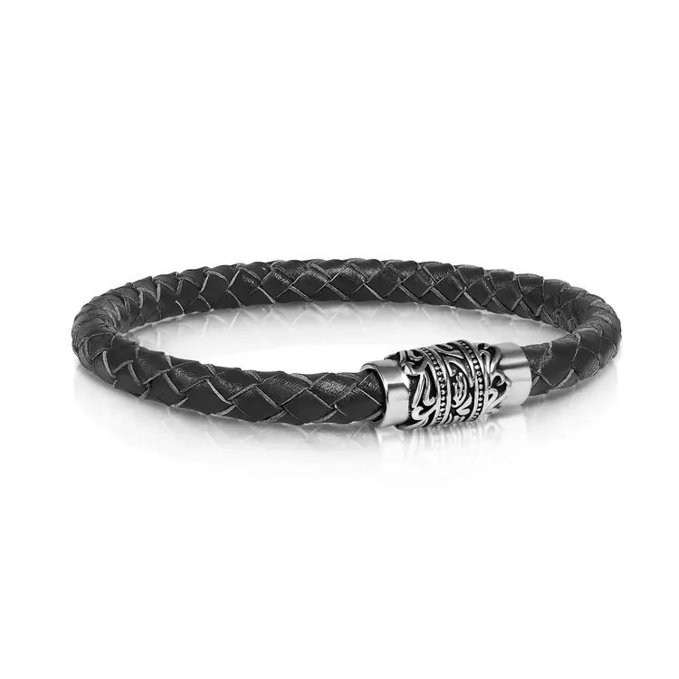 SLB210  STAINLESS STEEL ENGRAVED- CLASP BLACK LEATHER BRACELET 8.2"
