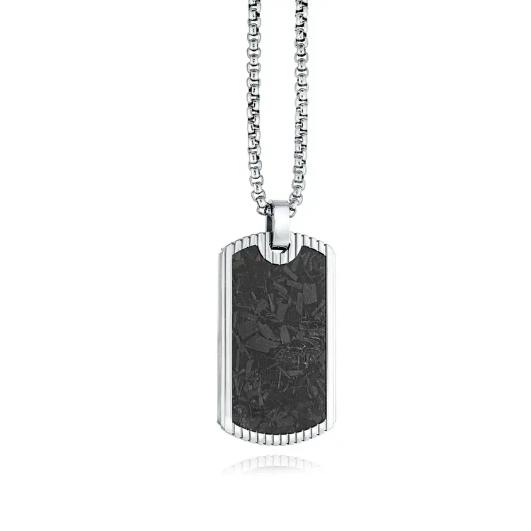 SP164 ITALGEM STAINLEES STEEL CARBON FIBER INLAY BEADED EDGE DOG TAG NECKLACE 22"