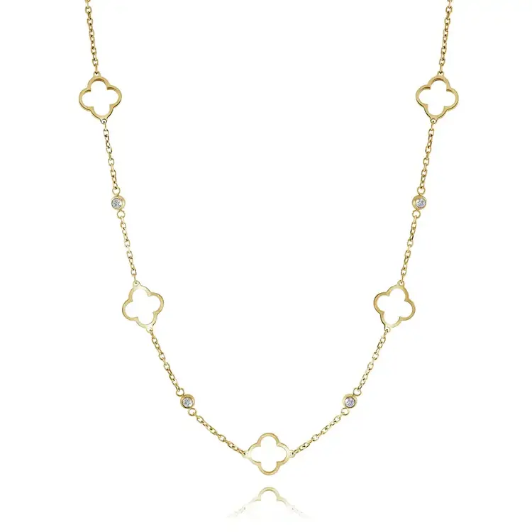 SWN80 STAINLEES STEEL GOLD IP CLOVER WHITE ZIRCONA WOMAN'S CHAIN 20"