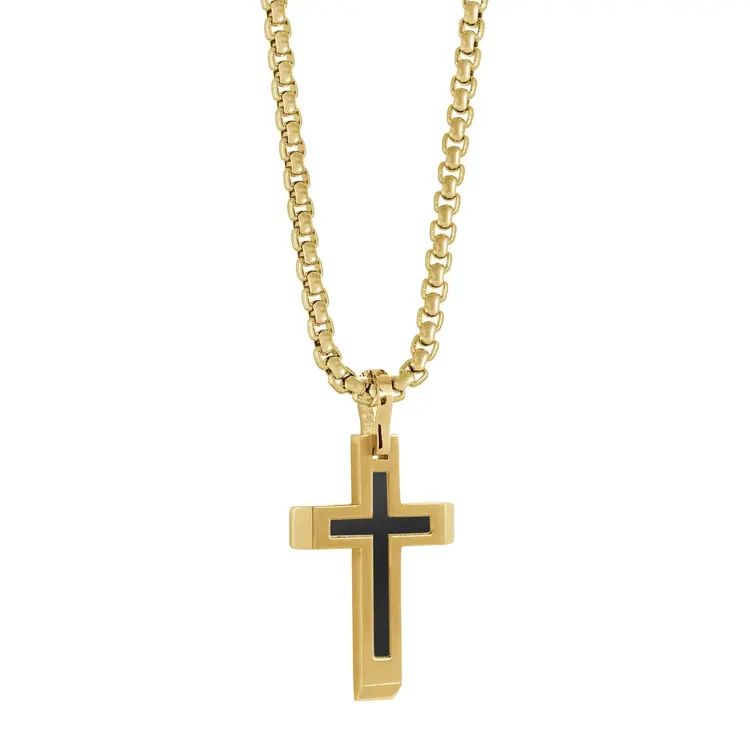 SC144 ITALGEM STAINLESS STEEL BLACK MATTE CENTRE CROSS NECKLACE 22"