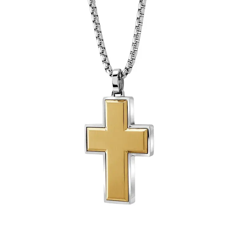 SC61 ITALGEM STAINLESS STEEL YELLOW BRUSHED CROSS ROUND BOX CHAIN 22"