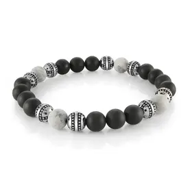 BB-188 ITALGEM  BEADS GREY STONE BLACK MATTE ONYX STRECH BRACELET 8"2