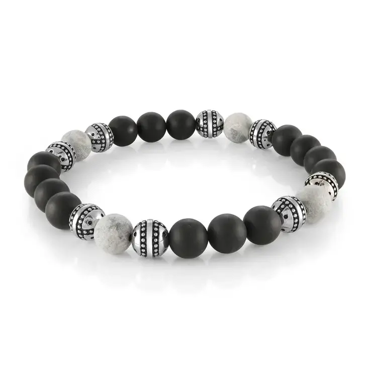 BB-188 ITALGEM  BEADS GREY STONE BLACK MATTE ONYX STRECH BRACELET 8"2