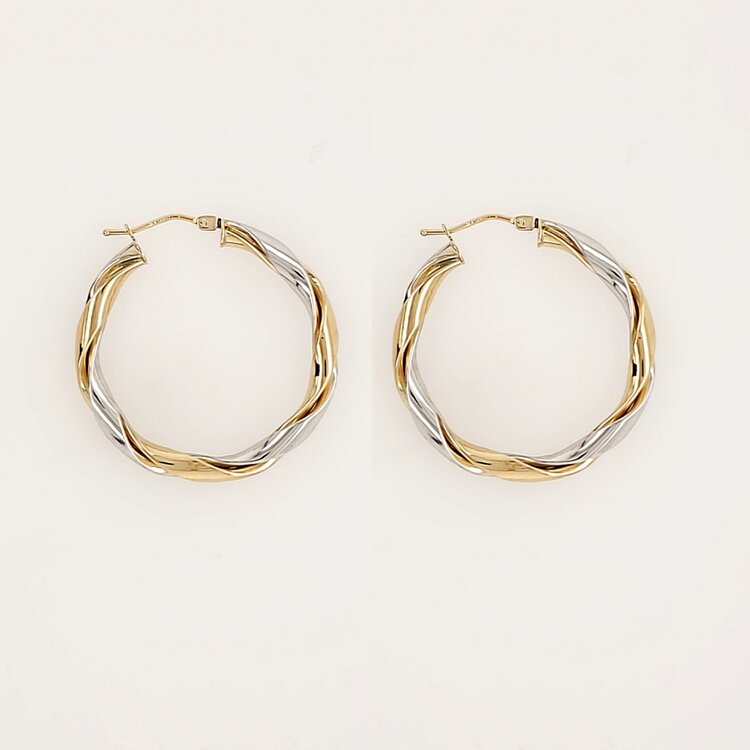 31200 14K TWO TONE 1.30" 3.25MM HIGH POLISH TWISTED ROUND HOOPS