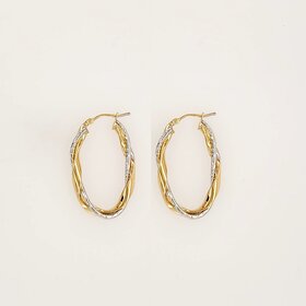 31202 14K TWO TONE 1.25" HIGH POLISH AND DIAMOND CUT FINISH OVAL TWISTED HOOPS